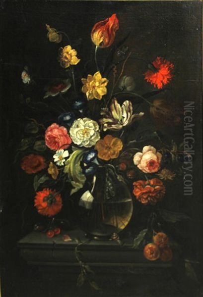 A Still Life With Flowers In A Glass Vase And A Dragonfly On A Stone Ledge; A Still Life With Flowers In A Glass Vase And Fruit On A Stone Ledge (a Pair) Oil Painting by Jan van Kessel the Elder