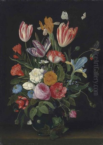 Parrot Tulips, Irises, Roses And Other Flowers In A Glass Vase, On A Stone Ledge, With Butterflies, A Caterpillar And A Dragonfly Oil Painting by Jan van Kessel the Elder