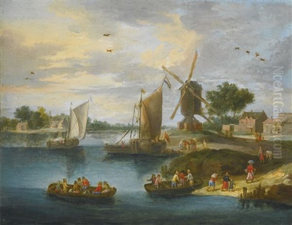 A River Landscape With A Windmill Oil Painting by Jan van Kessel the Elder