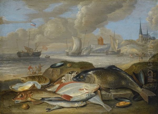 Still Life Of Fish In A Harbor Landscape, Possibly An Allegory Of The Element Of Water Oil Painting by Jan van Kessel the Elder