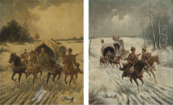 The Siberian Gold Convoy; And Another Similar Oil Painting by Adolf Baumgartner