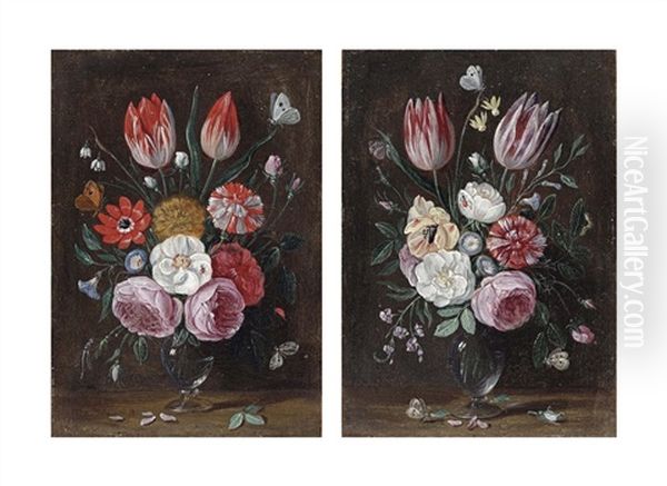 Tulips, Roses And Various Other Flowers With Butterflies In A Glass Vase On A Wooden Ledge; And Tulips, Roses And Various Other Flowers With Butterflies And A Caterpillar In A Glass Vase On A Wooden Ledge (pair) Oil Painting by Jan van Kessel the Elder