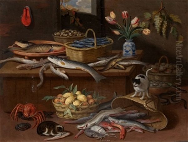 Bodegon De Pescado, Frutas, Flores Y Gato Oil Painting by Jan van Kessel the Elder