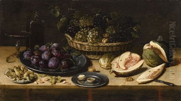 Still Life With Plums, Hazelnuts, Grapes And Melons Oil Painting by Jan van Kessel the Elder