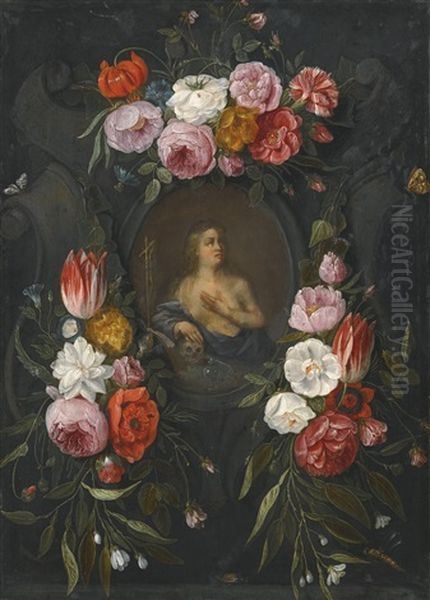 Saint Mary Magdalene In A Stone Cartouche Surrounded By A Garland Of Flowers Oil Painting by Jan van Kessel the Elder