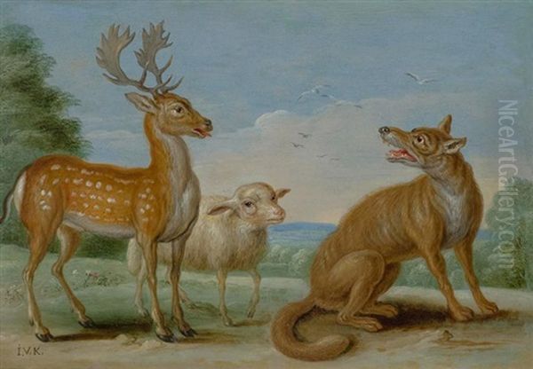 Der Hirsch Und Das Schaf - Der Lowe Und Der Eber - Der Bar Und Die Bienen - Der Kranke Rehbock (4 Works From The Fables Of Aesop) Oil Painting by Jan van Kessel the Elder