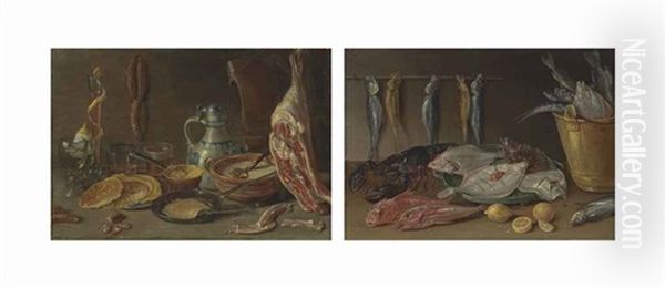 Pancakes On A Pewter Platter And In A Pan, A Vessel With Batter, A Joint Of...: Plaice In A Collander, Gurnard, A Lobster And A Bucket Of Fish...(pair) Oil Painting by Jan van Kessel the Elder