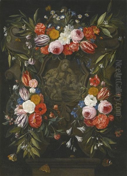 A Garland Of Flowers Around A Stone Cartouche Depicting The Virgin And Child And Saint John Oil Painting by Jan van Kessel the Elder