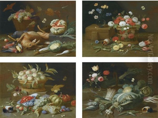 Still Lifes With Fruits And Flowers In Baskets And Glass Vases, Game And Vegetables, With Guinea Pigs (set Of 4) Oil Painting by Jan van Kessel the Elder