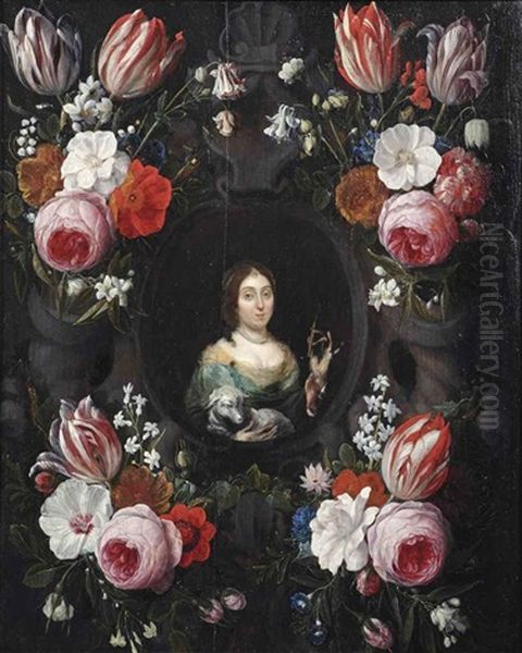 A Stone Cartouche Surrounded By Garlands Of Tulips, Roses, Carnations And Other Flowers With Saint Genevieve Oil Painting by Jan van Kessel the Elder