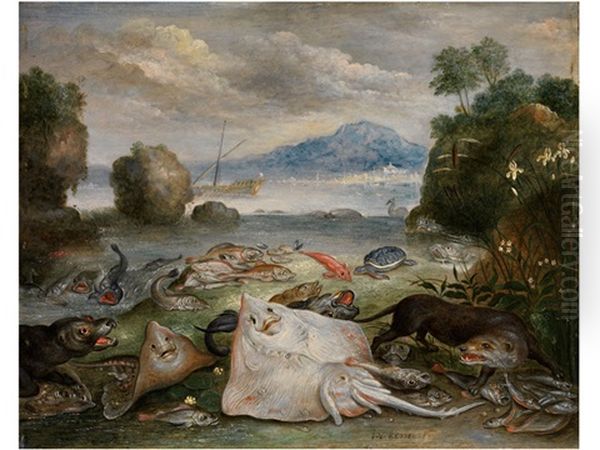 Meerestiere, Fische Und Otter Am Strand Mit Blick Auf Eine Meeresbucht Mit Segelschiff Und Berg In Der Ferne Oil Painting by Jan van Kessel the Elder