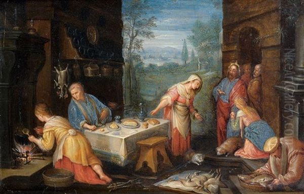 Le Christ Chez Marthe Et Marie (after Francesco Bassano) Oil Painting by Jan van Kessel the Elder