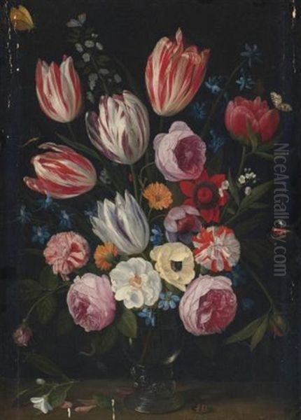 Tulips, Roses, Peonies And Other Flowers In A Roemer Oil Painting by Jan van Kessel the Elder