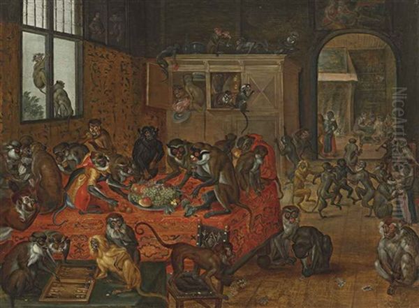 Monkeys Playing Games, Eating And Dancing In An Interior Oil Painting by Jan van Kessel the Elder