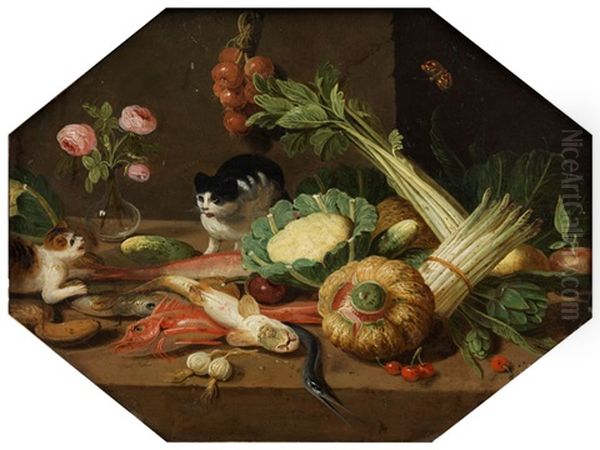 Kuchenstilleben Mit Tischen Und Zwei Katzen Oil Painting by Jan van Kessel the Elder