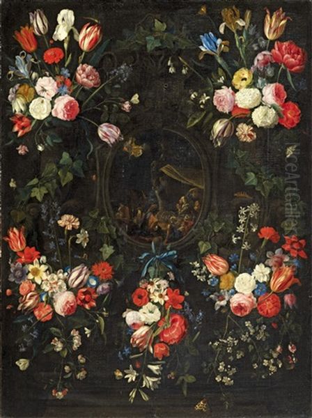 Flower Garlands With The Annunciation To The Shepherds Oil Painting by Jan van Kessel the Elder