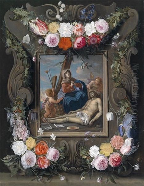 Eine Blumengeschmuckte Kartusche Mit Einer Darstellung Der Beweinung Christi Oil Painting by Jan van Kessel the Elder