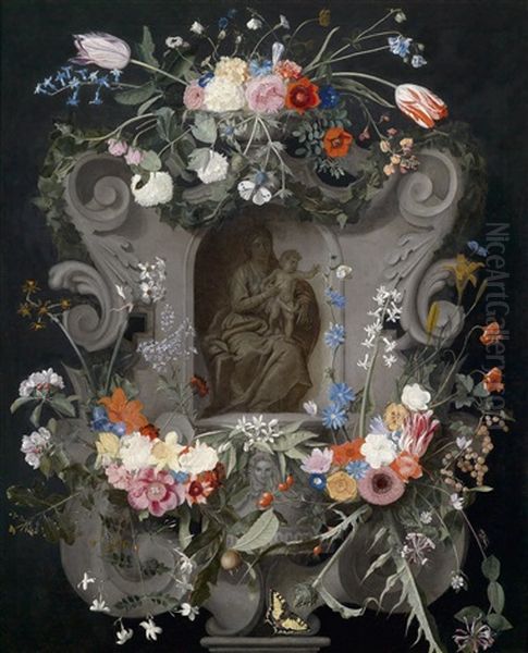 Eine Blumengeschmuckte Kartusche, Darin Ein Relief Mit Der Madonna Und Dem Kind Oil Painting by Jan van Kessel the Elder