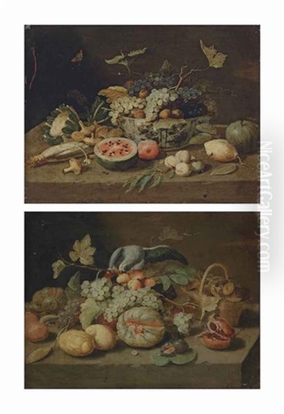 Grapes And Walnuts In A Porcelain Bowl, With An Open Watermelon, Mushrooms And Other Fruit And Vegetables, On A Stone Ledge (+ Grapes, Lemons, A Melon, Figs And Other Fruit, With A Basket Of Mushrooms And A Parrot, On A Stone Ledge; Pair) Oil Painting by Jan van Kessel the Elder