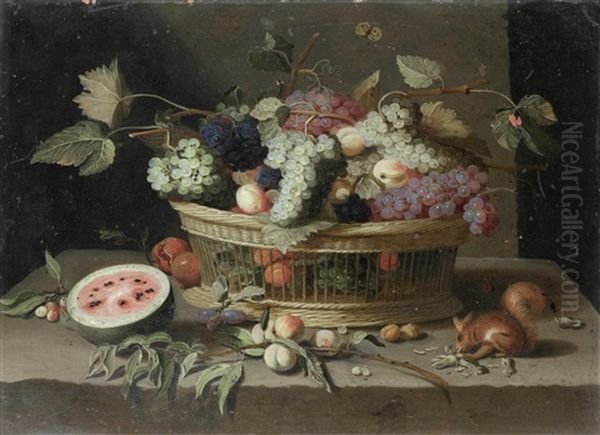 A Basket Of Grapes, Plums And Peaches, With A Melon And A Squirrel Eating Nuts On A Stone Ledge (+ A Wan-li Kraak Bowl Filled With Tulips, Roses, Narcissi And Other Flowers, With A Parrot On A Stone Ledge; Pair) Oil Painting by Jan van Kessel the Elder