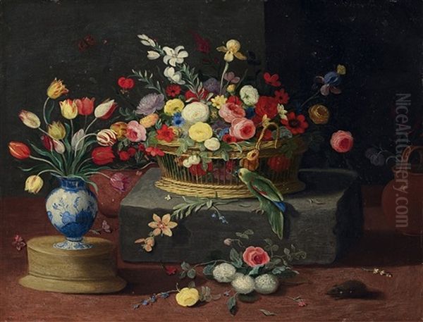 Blumenstillleben Mit Korb Oil Painting by Jan van Kessel the Elder