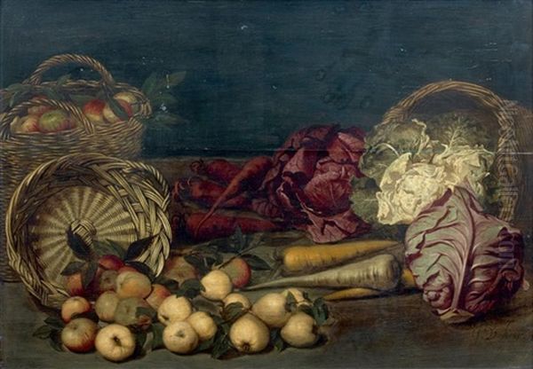 Nature Morte Aux Paniers De Pommes, Choux Et Carottes Disposes Sur Un Entablement Oil Painting by Jan van Kessel the Elder