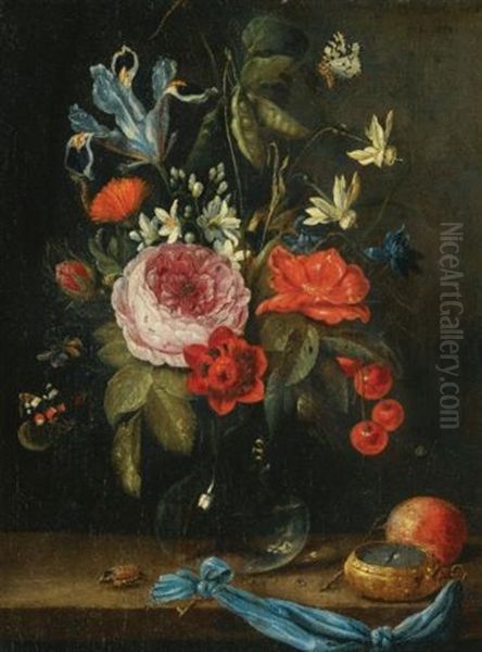 Still Life With Flowers In A Glass Vase, Together With A Red Admiral Butterfly, A Bee And Other Insects, And A Pocket Watch, A Peach And A Beetle On The Ledge Beneath Oil Painting by Jan van Kessel the Elder