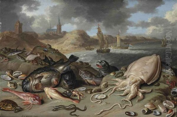 An Allegory Of Water: A Squid, A Seal, A Turtle, Eels, Oysters And Other Fish And Shellfish In The Dunes Of Scheveningen, Shipping Beyond Oil Painting by Jan van Kessel the Elder