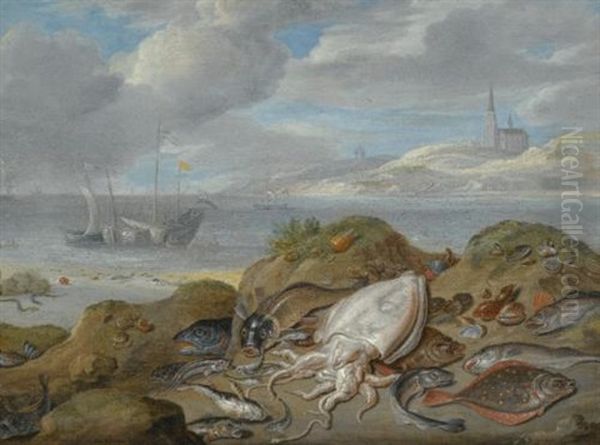 Still Life With Cuttle Fish, Plaice, Cod, Mussels, And Other Fish On A Dune, A Church Across A River Estuary Beyond Oil Painting by Jan van Kessel the Elder