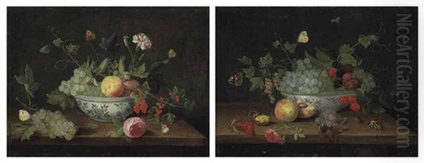 Grapes, Peaches, Cranberries, Flowers And Butterflies, In A Porcelain Bowl On A Wooden Ledge (+ Grapes, Blackberries, Cherries, Butterflies And A...; Pair) Oil Painting by Jan van Kessel the Elder