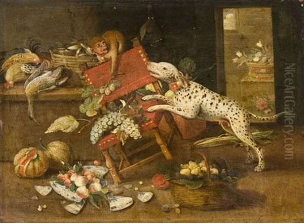 La Lutte Du Chien Et Du Singe Dans Un Garde-manger Oil Painting by Jan van Kessel the Elder