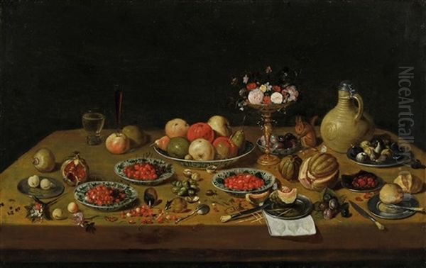 Fruchtestillleben Mit Blumen-tazza, Eichhornchen Und Steinkrug Oil Painting by Jan van Kessel the Elder