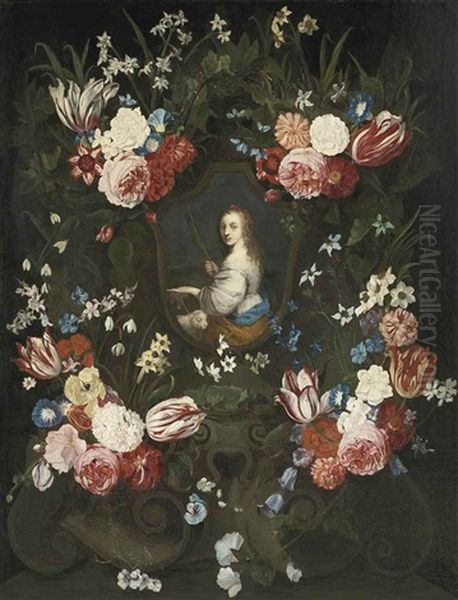 Saint Agnes, In A Sculpted Cartouche, Surrounded By Garlands Of Roses, Tulips, Carnations And Other Flowers Oil Painting by Jan van Kessel the Elder