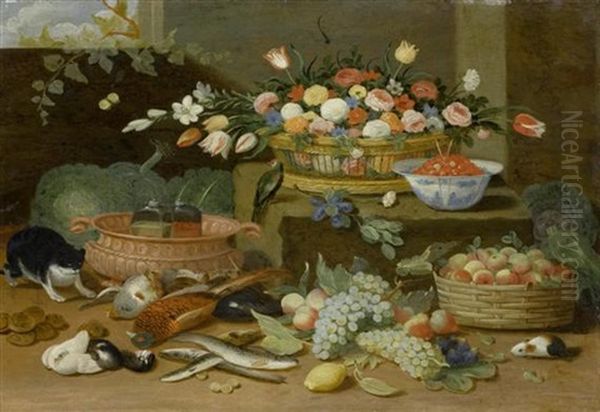 Stilleben Mit Blumenkorb, Fruchten, Fischen, Wildvoglen Und Anderen Kleinen Lebenden Tieren Oil Painting by Jan van Kessel the Elder