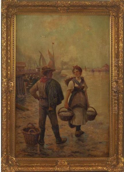 Port Scene Oil Painting by Adolf Baumgartner