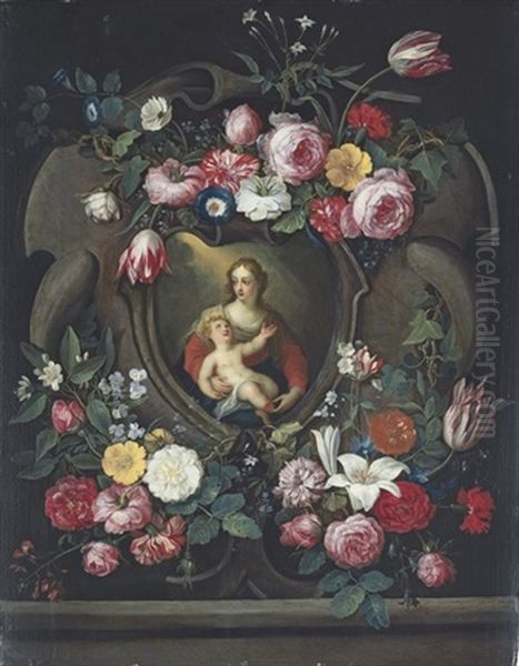 The Virgin And Child, In A Sculpted Cartouche, Surrounded By Garlands Of Roses, Tulips, Carnations, Lillies And Other Flowers Oil Painting by Jan van Kessel the Elder