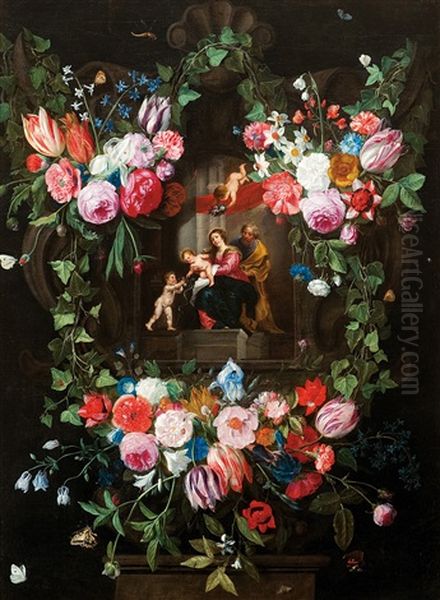 Bloemenguirlande Met Heilige Familie En De Kleine Johannes De Doper Oil Painting by Jan van Kessel the Elder