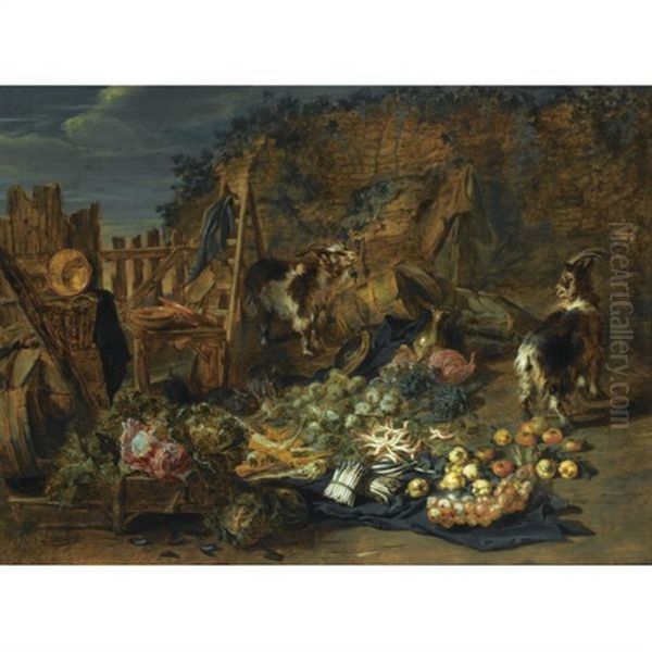 A Still Life Of Cabbages, Carrots, Asparagus, Onions, Pears And Apples Outside A Ruined Barn, Together With Two Goats And Three Rabbits Oil Painting by Jan van Kessel the Elder