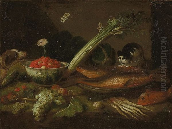 Kitchen Scene With Fish, Vegetables, Fruit, And Animals Oil Painting by Jan van Kessel the Elder