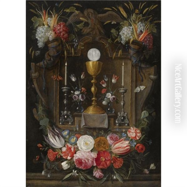 The Eucharist: A Gold Chalice, A Host And Two Silver Candelabras In A Stone Niche, Surrounded With Bunches Of Grapes And Corn Oil Painting by Jan van Kessel the Elder