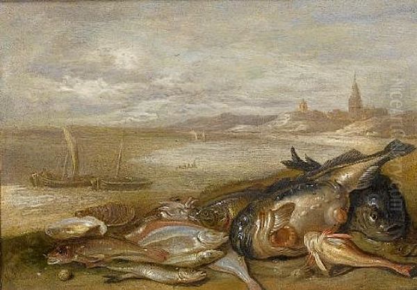 A Still Life Of Various Fish And Crustacea On A Beach Oil Painting by Jan van Kessel the Elder