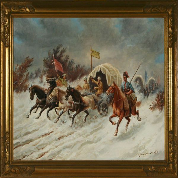 Cossacks Attacking A Caravan Oil Painting by August Baumgartner