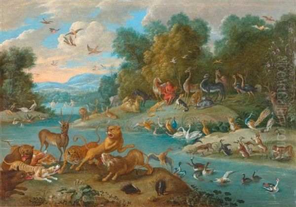 Orpheus Unter Den Tieren (collab. W/workshop) Oil Painting by Jan van Kessel the Elder