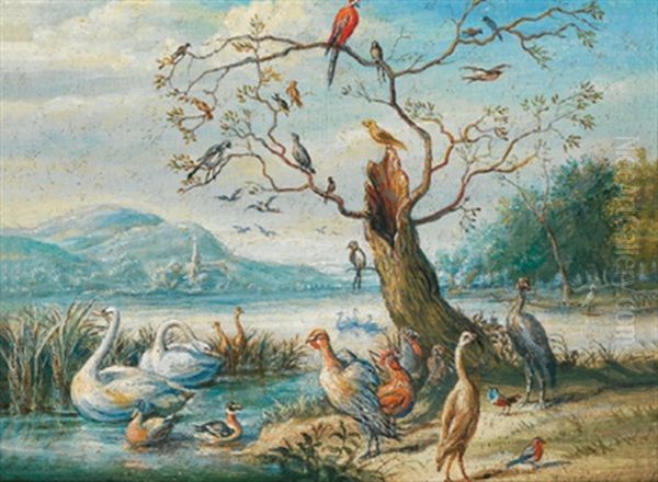 Weite Flusslandschaft Mit Schwanen, Enten Und Exotischen Vogeln Oil Painting by Jan van Kessel the Elder