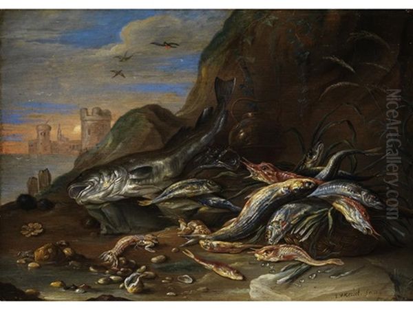 Fischstilleben In Einer Uferlandschaft Oil Painting by Jan van Kessel the Elder