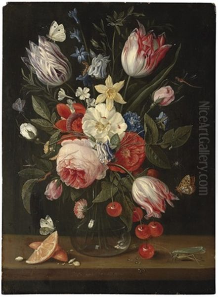 Tulips, Peonies, Cornflowers, Roses And Other Flowers In A Glass Vase Oil Painting by Jan van Kessel the Elder