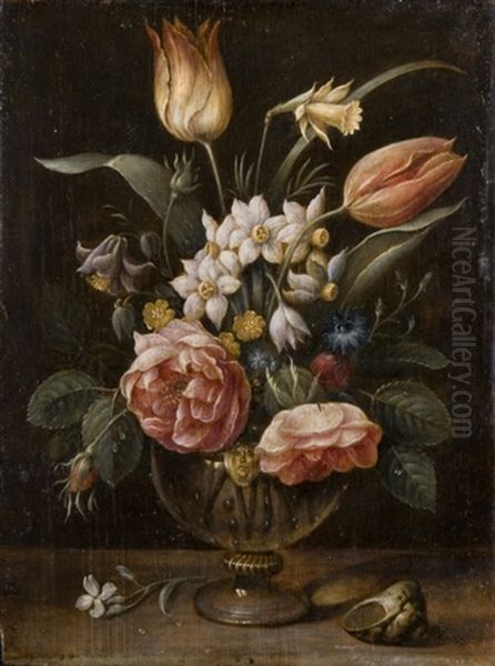 Rose, Tulipani, Fiordalisi E Altri Fiori In Un Vaso Di Vetro Su Un Tavolo Oil Painting by Jan van Kessel the Elder