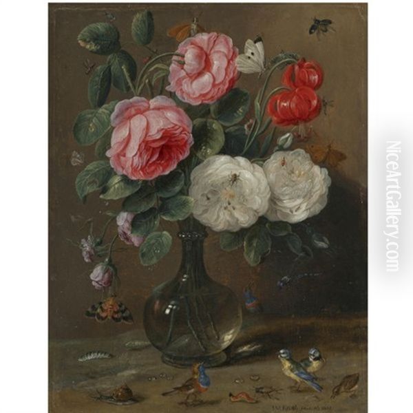 Still Life Of Roses In A Glass Vase With Numerous Insects, Including Butterflies, A Ladybird, A Bee And A Dragon Fly, Together With Further Insects And Small Songbirds, Including Two Bluetits Oil Painting by Jan van Kessel the Elder