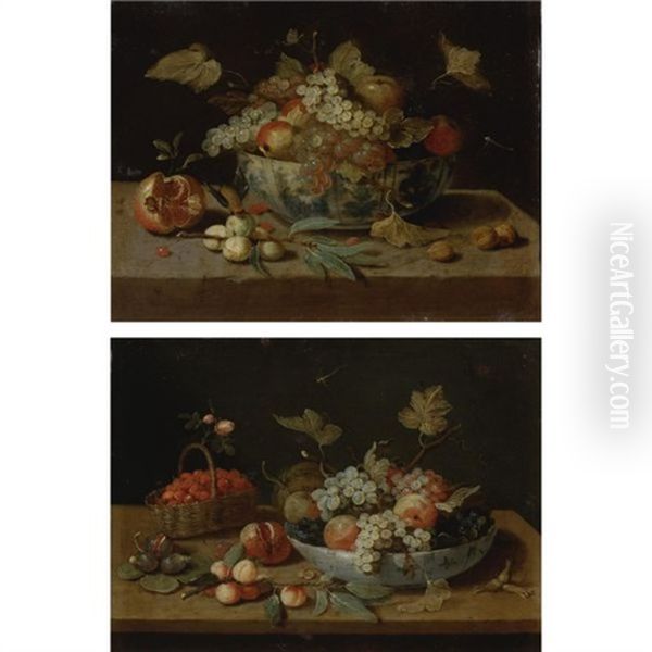 Still Life Of A Bowl Of Fruit, A Basket Of Strawberries, Figs, A Pomegranate And Peaches On A Ledge (+ Still Life Of A Bowl Of Fruit, A Pomegranate, Plums And Walnuts On A Ledge; Pair) by Jan van Kessel the Elder