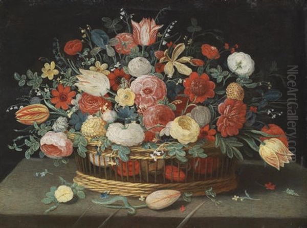 Roses, Tulips, Irises And Other Flowers In A Basket On A Draped Table Oil Painting by Jan van Kessel the Elder